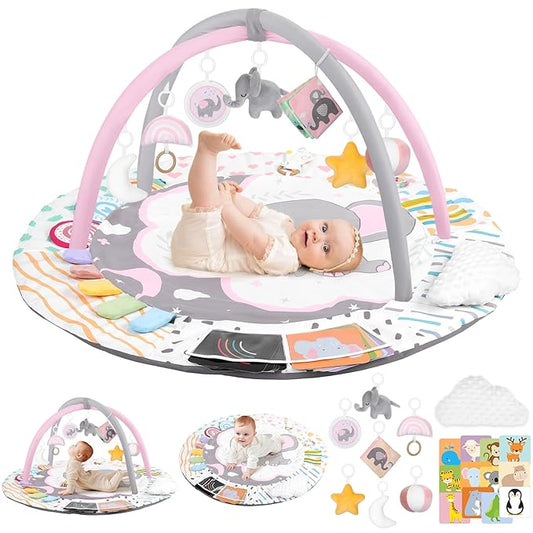 Baby Play Gym & Activity Mat, Tummy Time Mat with Tummy Time Pillow 7 Detachable Sensory Toys and Educational Cards for Motor Skills & Sensory Development, Baby Essentials Shower Gift, Pink Elephant