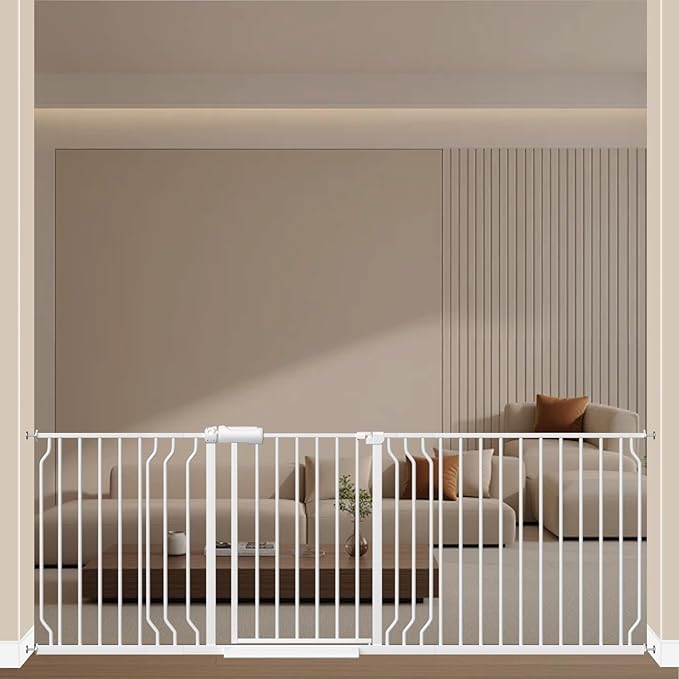 ALLAIBB Extra Wide Pressure Mount Baby Gate Auto Close White Metal Child Dog Pet Safety Gates with Walk Through for Stairs,Doorways,Kitchen and Living Room (71.65-85.03"/182-218cm)