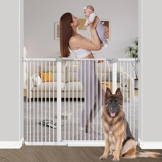 40.55" Extra Tall Baby Gate for Stairs-40.6"-54.7" Wide 1.37" Ultra Narrow Spacing Extra Wide Pet Cat Gate Dog Gate-Auto-Close Pressure Mounted Dog Door for Pets and Kids,White
