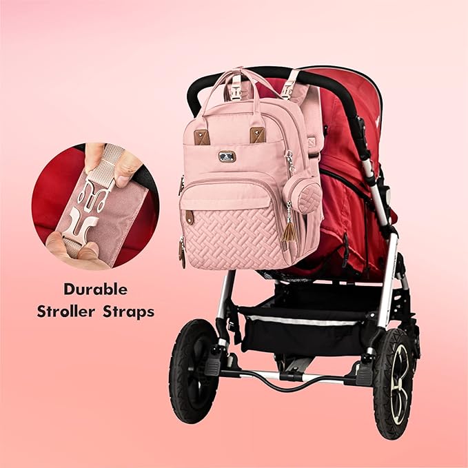 Dikaslon Diaper Bag Backpack with Portable Changing Pad, Pacifier Case and Stroller Straps, Large Unisex Baby Bags for Boys Girls, Multipurpose Travel Back Pack Moms Dads, Pink