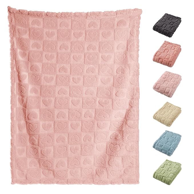 4 Pcs Baby Blankets,Fleece Heart Checkered Blanket, Fluffy Crib Blankets for Girls, Toddler Newborn Receiving Blankets 30×40 Light Pink
