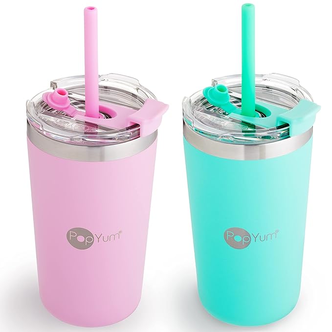 PopYum 13oz Insulated Stainless Steel Kids’ Cups with Lid and Straw, 2-Pack, Green, Pink, stackable, sippy, baby, child, toddler, tumbler, double wall, vacuum, leak proof