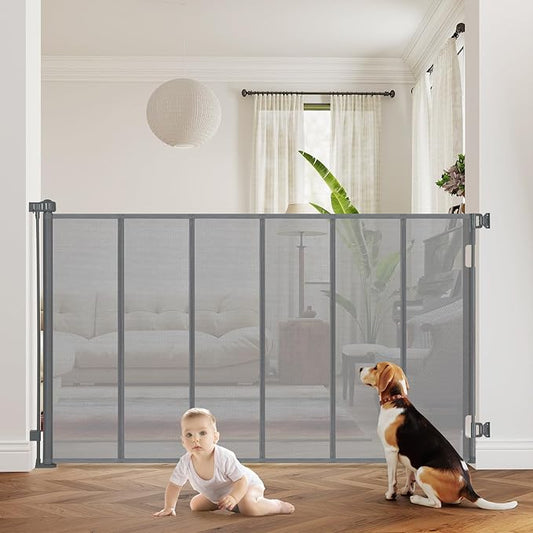 47” Extra Tall Retractable Baby Gate, Reinforced Mesh Dog Gate Extends to 71" Wide, Baby Gate for Stairs, Doorways, Hallways, Indoor and Outdoor, Grey
