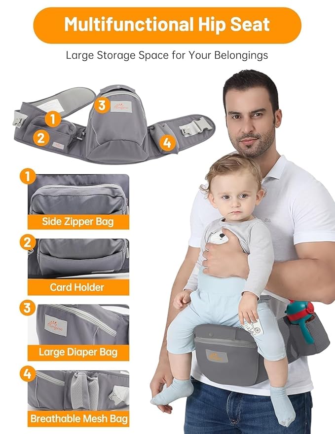 Baby Carrier with Hip Seat, 6 in 1 Baby Carrier Newborn to Toddler, Adjustable Infant Carrier with Hood, All Seasons & All Position Baby Holder Carrier for Breastfeeding