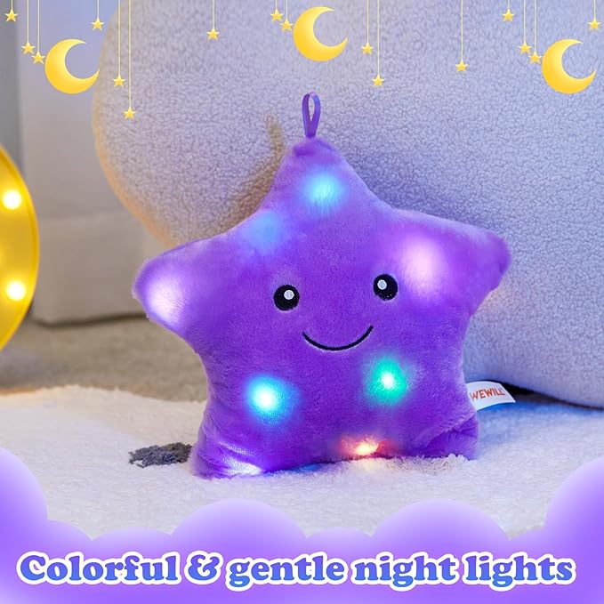 WEWILL 9'' LED Twinkle Star Soft Plush Pillow Toys Glowing Stuffed Star Light up Pillow Plush with Colorful Night Lights Birthday Valentines Gift for Toddler Kids(Purple)