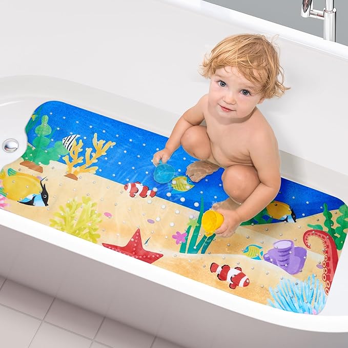 Vannokor Baby Bath Mat for Tub Non Slip Kids, 40 X 16 Inch Extra Long Bathtub Mat with Drain Holes and Suction Cups, Anti Slip Shower Mat Machine Washable, Submarine Park