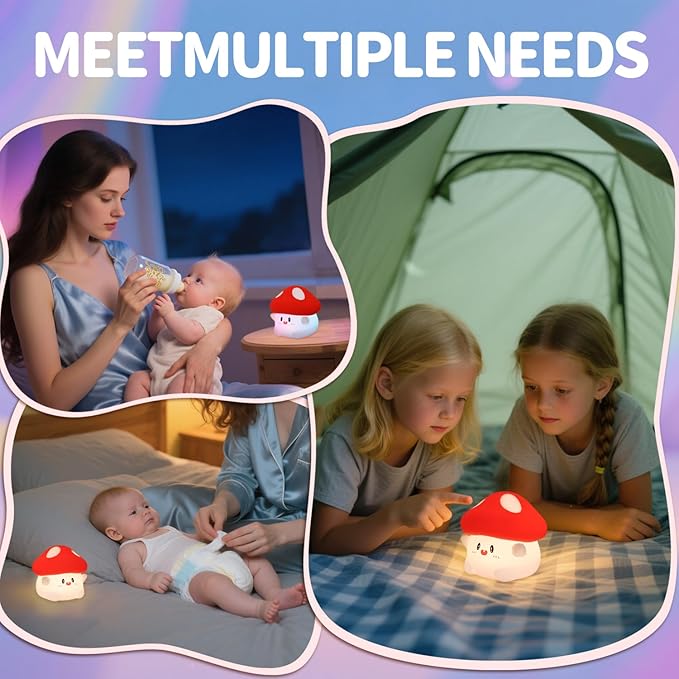 Mushroom Night Light Silicone - Color Changing Lamp, USB Rechargeable, Long Battery Life, Soft Squishy, Dimmable Brightness - Bedroom Decor, Cute Mushroom Gifts for Kids & Adults