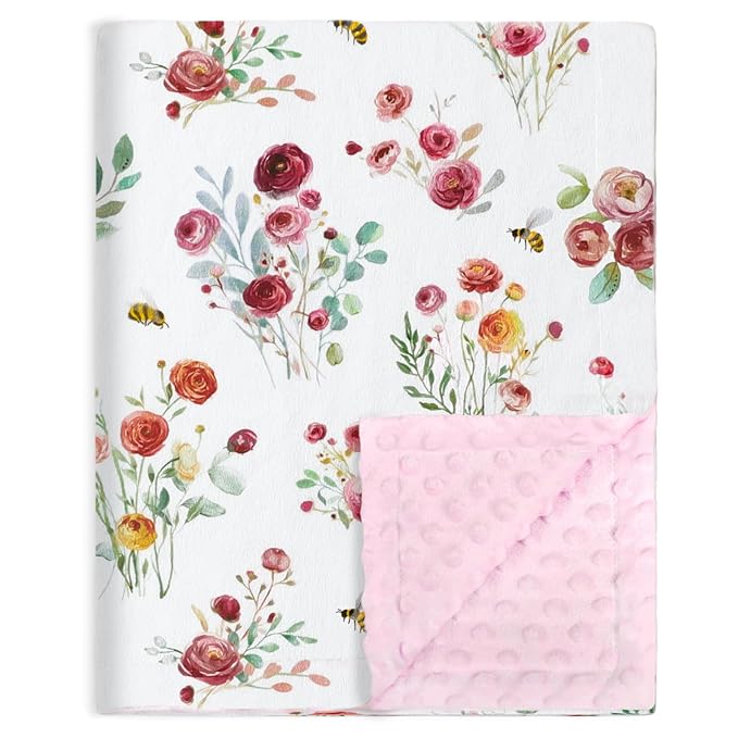 HOMRITAR Baby Blanket for Boys Girls Super Soft Minky Blanket Double Layer Dotted Backing, Receiving Blanket wtih Pink Floral Design 30 x 40 Inch