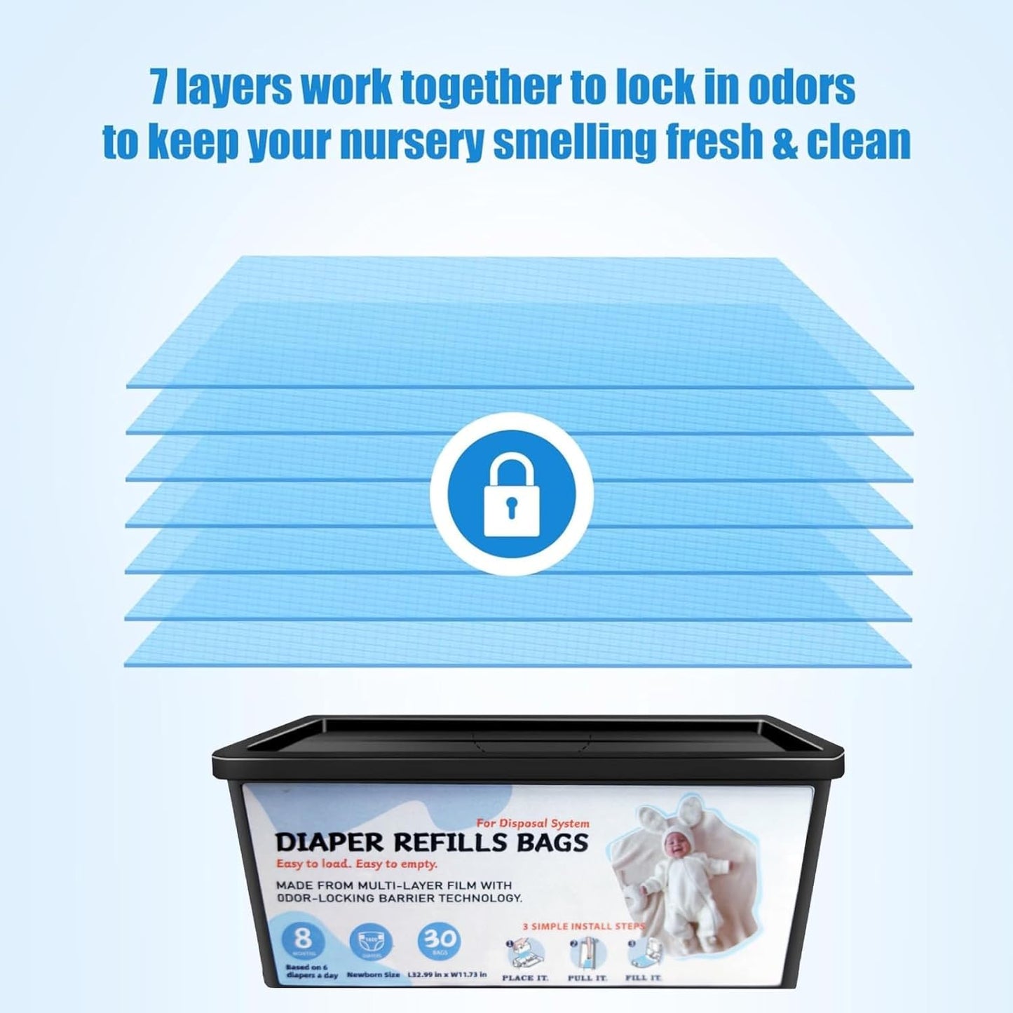 Diaper Pail Refills Bags with 30 Bags, Compatible with Genie Easy Roll Signature Diaper Pail and Platinum Diaper Pail, 7-Layer Odor-Barrier Technology, 3 Pack (90 Bag)