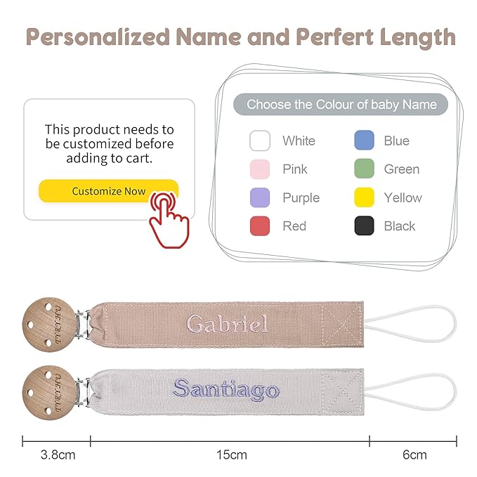 TYRY.HU Personalized Pacifier Clip with Name, Embroidery Pacifier Holder for Baby Girls and Boys, Neutral Binky Clips Universally Fit All Pacifiers & Baby Toys, Baby Gift, 2 Pack(Grey,Khaki)