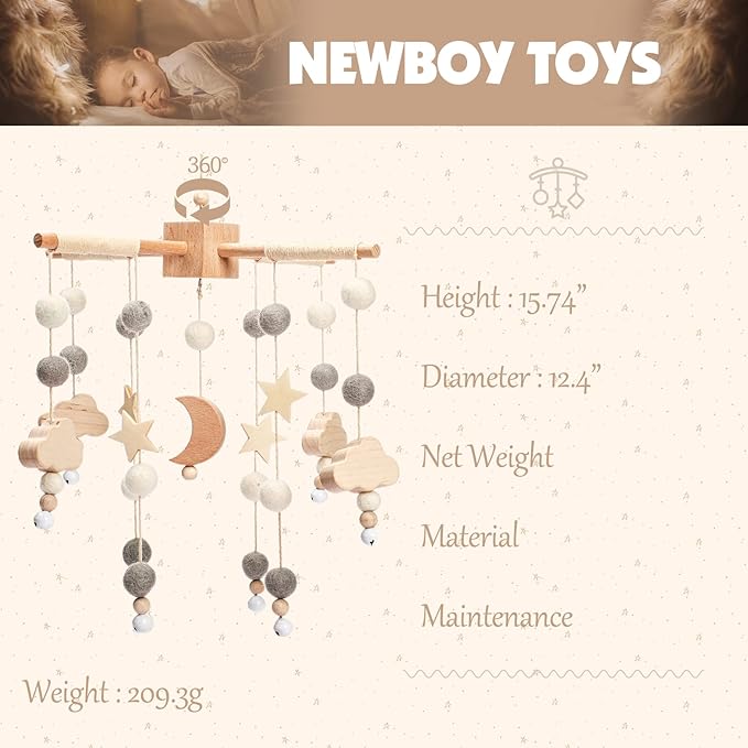 Boho Baby Crib Mobile Decor - Wooden Moon and Stars Nursery Mobiles with Cloud for Bassinet Starry Night Handmade Soft Felt Beads Hanging Wind Chime Toys Pendant for Infant Newborn Boy and Girl