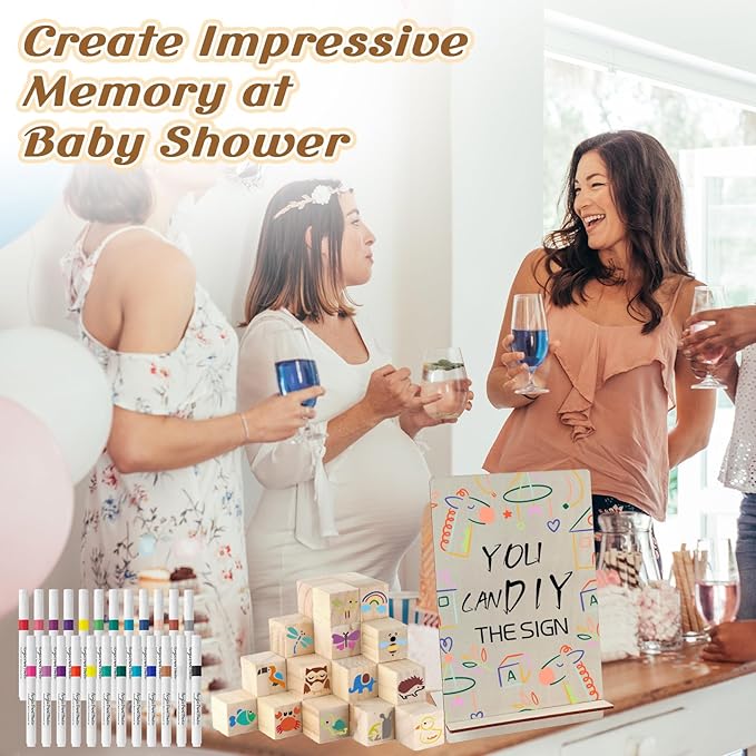 117 Pcs Baby Shower Blocks to Decorate Game Kit Includes 52 Wooden Blocks 24 Markers 1 Game Sign 40 Templates to Paint (Wood)