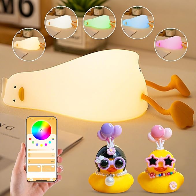 Cute Duck Night Light with Color Changing, APP/Tap Control Fun Lying Flat Ducky Lamp with Blind Box Gift,Soft Silicone Nursery Nightlight,Dimmable/Timing Bedside Touch Lamp,Baby Adults Kids Room Decor