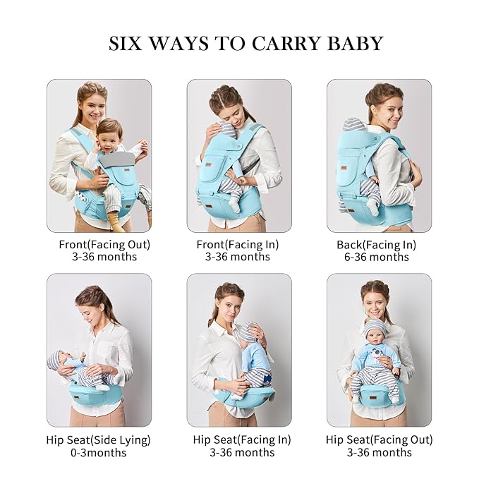 Baby Carrier with Hip Seat, Baby Carrier Newborn to Toddler, 6-in-1 Ways to Carry, All Seasons, Adjustable Baby Holder Carrier for Breastfeeding(Baby Blue)