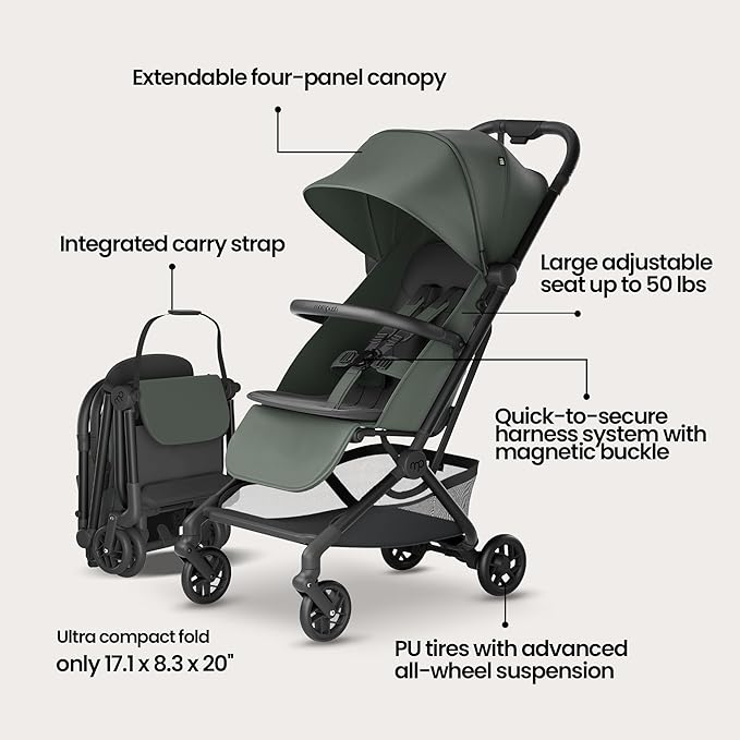 Mompush Velo Lightweight Travel Stroller, Compact & Airplane-Friendly for Baby and Toddler, Lie-Flat Seat, One-Hand Fold, with Leather Bumper Bar, Shoulder Strap, Raincover, Storage Bag & Cup Holder
