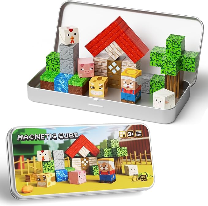 Mini Magnetic Blocks Farm Animals - 35 PCS Travel Magnet Building Blocks for Toddlers - STEM Educational Magnet Toys with Portable Iron Box for Kids Ages 3-8 Years Old Boys & Girls