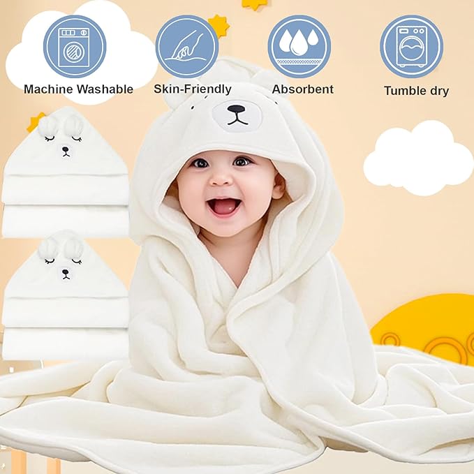 Baby Towels for Newborn Premium Coral Fleece Soft Toddler Bath Towel with Hood 2 Pack Absorbent Baby Hooded Towels Boys Girls (White)