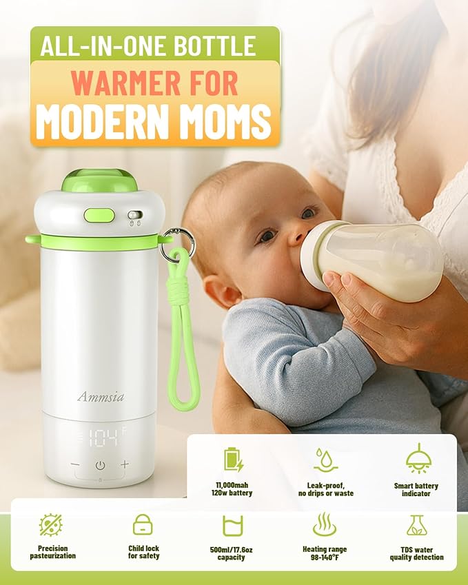 Portable Bottle Warmer for Travel – Fastest Heating & Charging & Long Battery Life, Fits Global 100-240V, Sterilization & Water Quality Test Mode, 17Oz Baby Milk Warmer for Breastmilk, Formula, Water