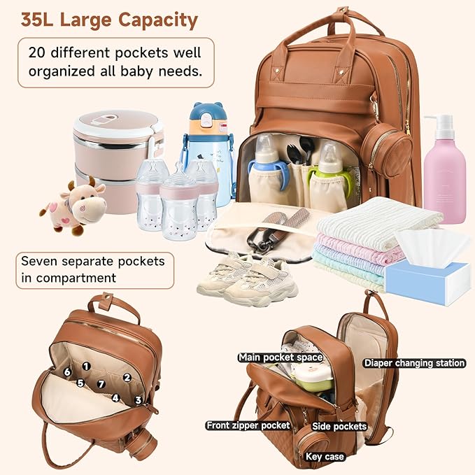 Leather Baby Diaper Bag with Changing Station,Extra large Capacity Baby Diaper Bag Backpack(Brown)