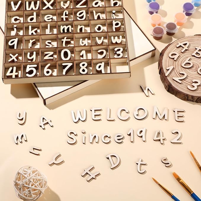 Geelin 248 Pcs 1 Inch Wood Alphabet Letters Numbers with Storage Box Blank Unfinished Wooden Letters Numbers with Rustic Storage Tray for Spelling Learning Education DIY Crafts