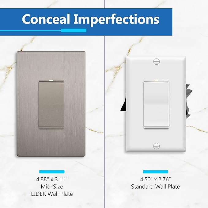 LIDER Brushed Finish Decorator Switch Cover, Screwless Wall Plate, Mid-Size 1-Gang 4.88" x 3.11", Unbreakable Polycarbonate Thermoplastic, UL Listed, LSWP-31M-BNK, Brushed Nickel