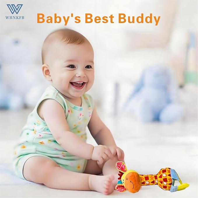 Baby Teether Rattle Toy - Soft Giraffe Plush with Crinkle Squeaky Sound, Sensory Shaker for Newborns 0-12 Months, Infant Learning and Travel Stroller Toy