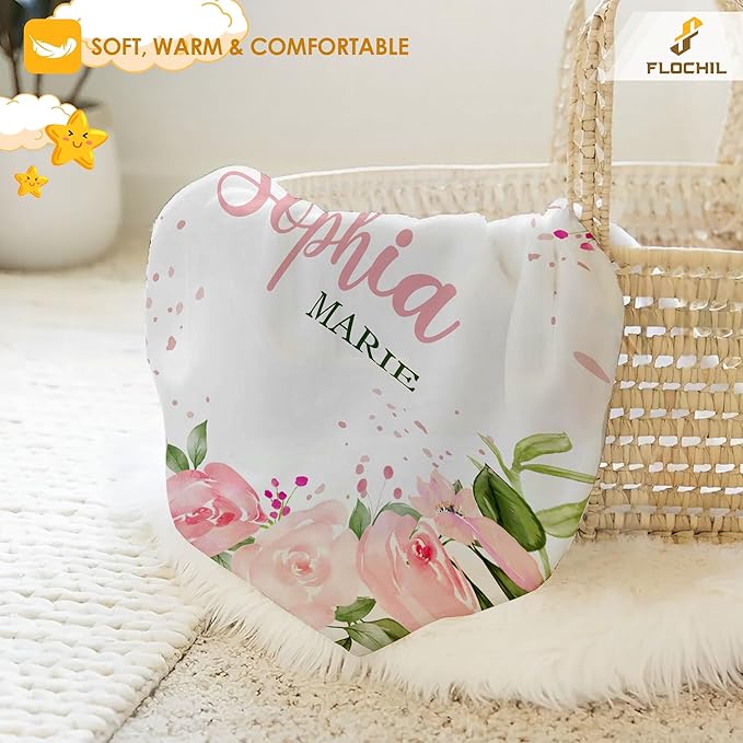 FLOCHIL Personalized Baby Blanket for Girls, Custom Baby Blanket with Name, Customized Baby Products, Gift for Baby, Newborn, Baby Shower (Floral 1)