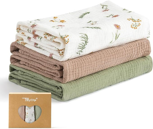 TILLYOU 3 Pack Muslin Swaddles for Newborns Baby Blankets for Girls Boys Cotton Swaddle Blankets 40"x40", Daisy