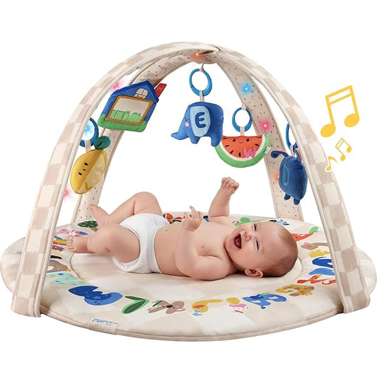 Baby Play Gym & Activity Mat with Light-up Musical Arch, Tummy Time Mat with 6 Detachable Sensory Toys for Motor Skills & Sensory Development, Baby Essentials Shower Gift - ABC123