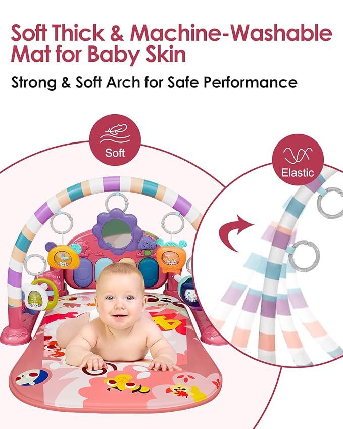 dearlomum Baby Play Mat Baby Gym,Funny Play Piano Tummy Time Baby Activity Mat with 5 Infant Sensory Baby Toys, Music and Lights Boy & Girl Gifts for Newborn Baby 0 to 3 6 9 12 Months (Pink)