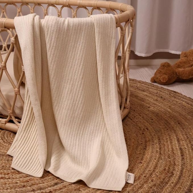 Knitted Organic Cotton Baby Blanket- Swaddle Blanket, 30" x 40" Soft Receiving Blanket for Newborn (Soft White)