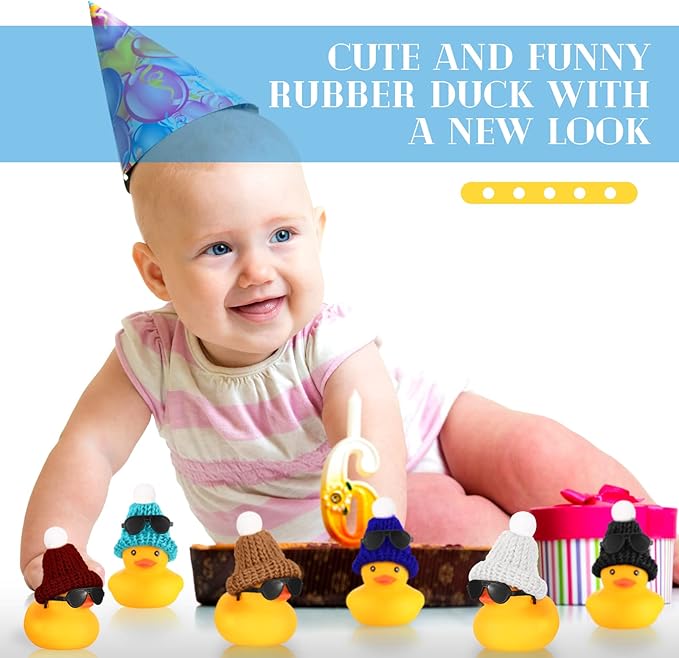 Chivao 48 Pcs Mini Rubber Duck in Bulk with 48 Sunglasses and 48 Knitting Hats Sets, Duck Bath Rubber Ducky Bathtub Toys for Cruise Birthday Baby Shower Bath Pool Party Carnival Game Gift
