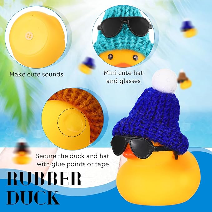 Chivao 48 Pcs Mini Rubber Duck in Bulk with 48 Sunglasses and 48 Knitting Hats Sets, Duck Bath Rubber Ducky Bathtub Toys for Cruise Birthday Baby Shower Bath Pool Party Carnival Game Gift