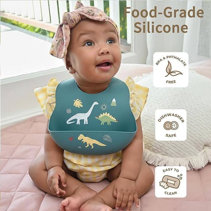 Baby Silicone Bibs 2 Sets Baby Bibs with Food Catcher for Girls Boys Toddlers BPA Free Waterproof Soft Durable