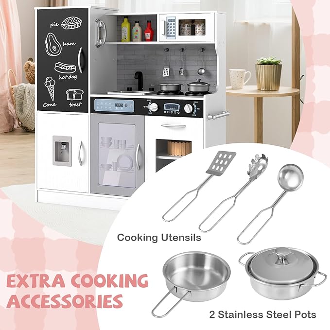 HONEY JOY Upgrade 39 in Kids Kitchen Playset, Large Wooden Little Chef Pretend Toy Kitchen Set w/Chalkboard, Telephone, Utensils, Oven, Microwave, Sink, Storage, Play Kitchen for Toddlers (White)