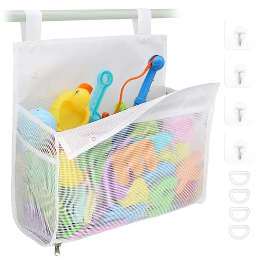 Bath Toy Organizer Multiple Ways to Hang, Extra Large Opening Bathroom Toy Holder, Bottom Zipper Bathtub Toy Storage Bag (White)