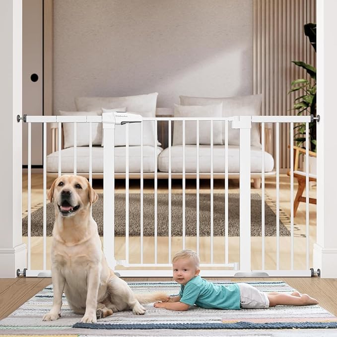BABELIO 36" Tall Baby Gate, PressGuard P7, 29-55" Auto Close Pressure Mounted Dog Gate for Doorways & Hallway, Basics Easy Walk Thru Pet Gate, Extra Wide Metal Child Gate, White