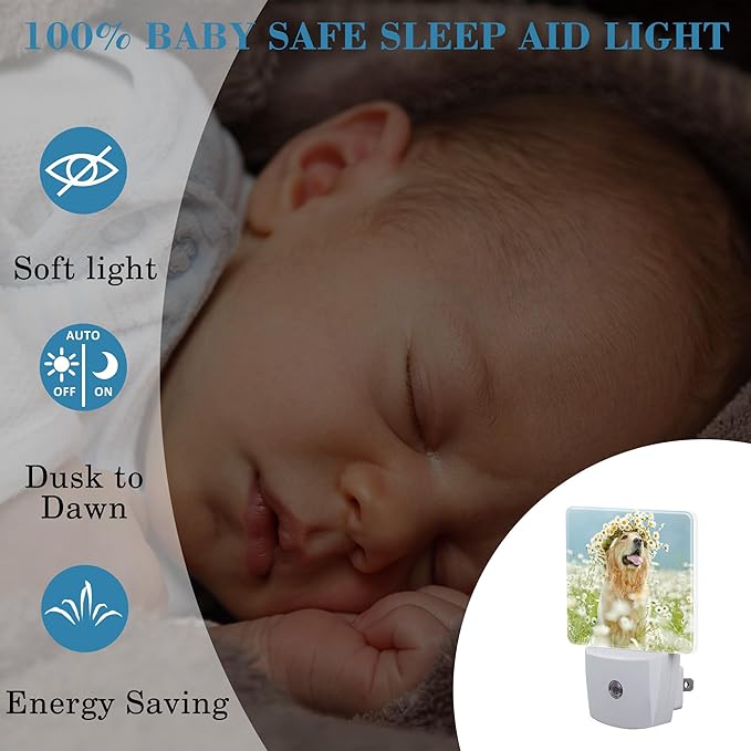 Plug in Night Lights Golden Retriever with Daisy Wreath Night Light with Dusk to Dawn Sensor Night Light for Kid Girls Boys Women Men Room Decor, Hallway, Kitchen, Bathroom, Nursery, Stairs