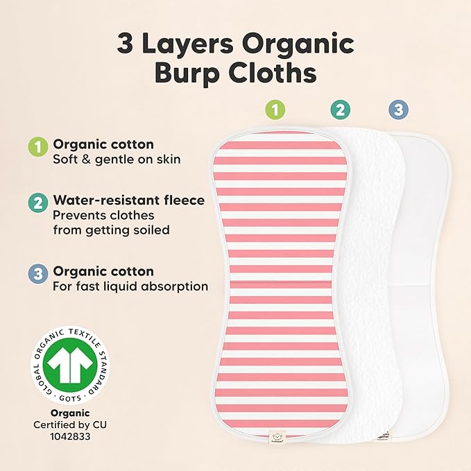 Organic Burp Cloths Baby Boy & Girl - 5-Pack Super Absorbent Cotton Burping Cloths for Babies, Soft & Plush Newborn Spit Up Rags, Infant Towels for Milk Spit Up, Unisex, Large 21" x 10" (Blush)