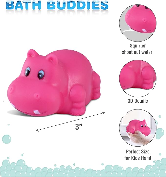 DolliBu Hippo Bath Buddy Squirter - Floating Pink Hippo Rubber Bath Toy, Fun Water Squirting Bathtime Play For Toddlers Cute & Soft Wild Life Animal Toy For Bathtub, Beach and Pool for Girls and Boys