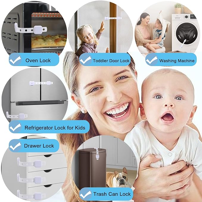 Fursafe&Q Cabinet Locks Baby Proofing, Baby Drawer Safety Locks -Adhesive Child Safety Lock Straps Adjustable Door Latch for Fridge Toilet Oven No Drill Furniture Kitchen Lock
