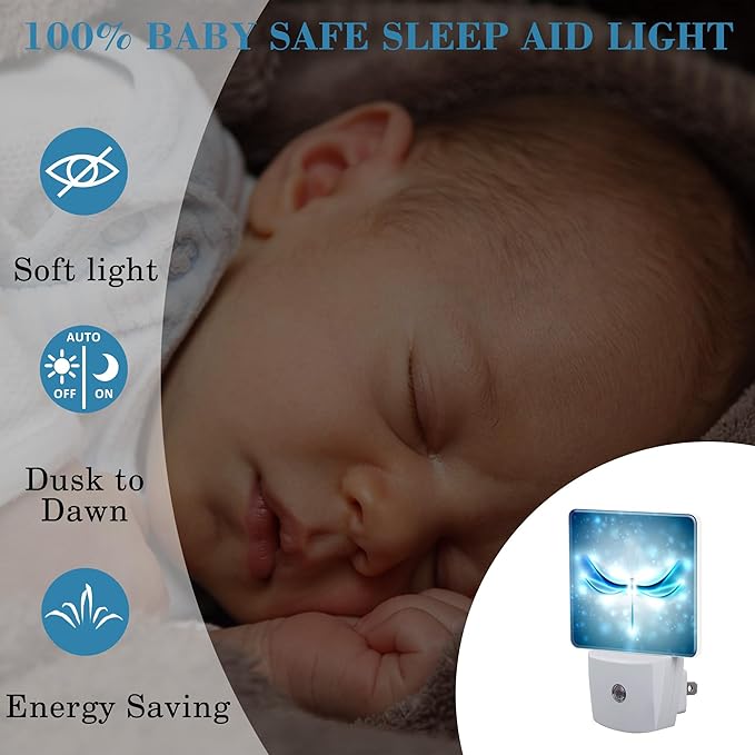 Night Light Plug into Wall Shiny Blue Abstract Dragonfly Night Light with Dusk to Dawn Sensor for Kid Girls Boys Women Men Room Decor, Hallway, Kitchen, Bathroom, Nursery, Stairs