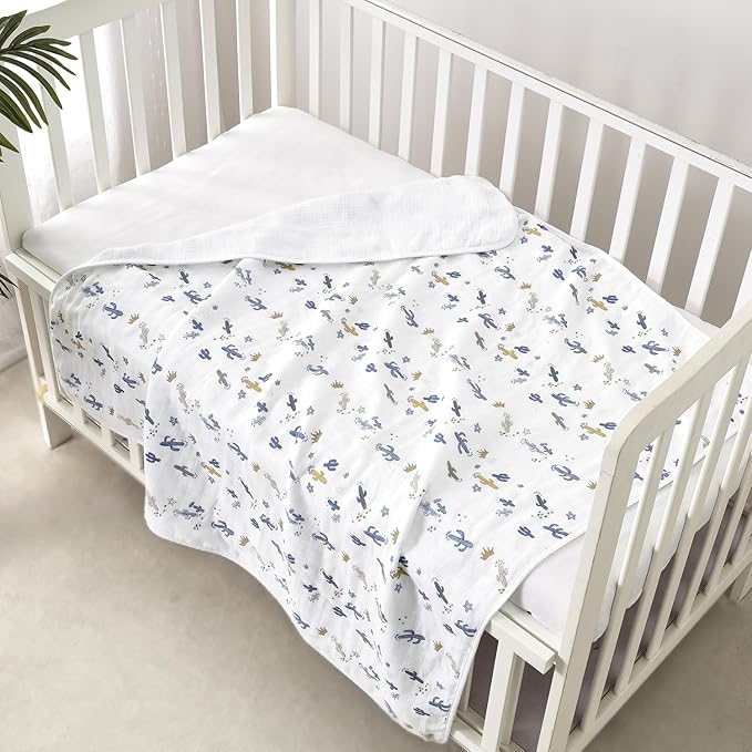 CREVENT 40''X40'' 100% Organic Cotton Muslin Baby Blanket for Newborns, Essential for Baby Shower Birthday Gift - Cactus 100X100cm