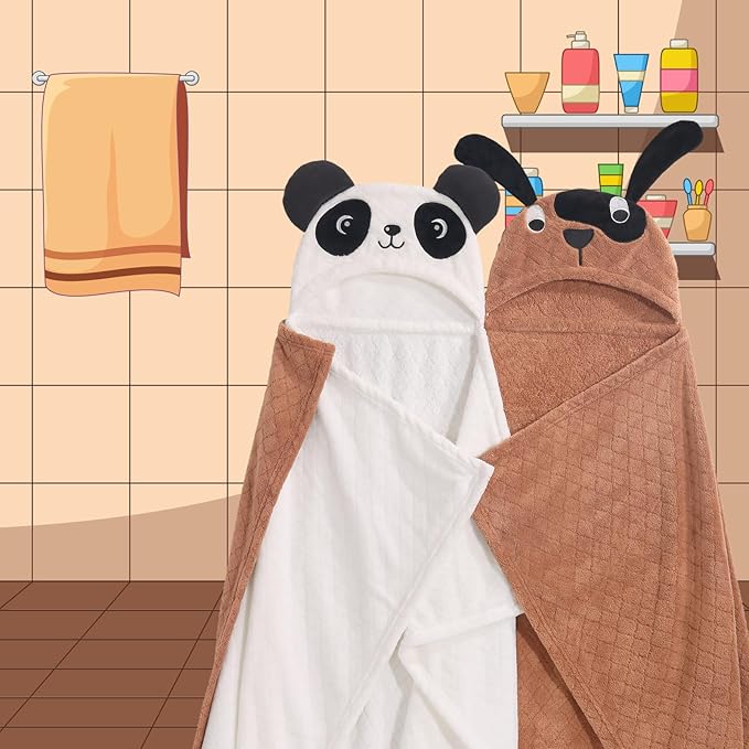Toddler Hooded Bath Towel Age 1-5,2-Pack Thick Absorbent Bath Towel Boys & Girls, 50"x32"Large Size Ultra Soft with Hood Panda Puppy,Baby Bath Essential for Infant and Children, Brown & White