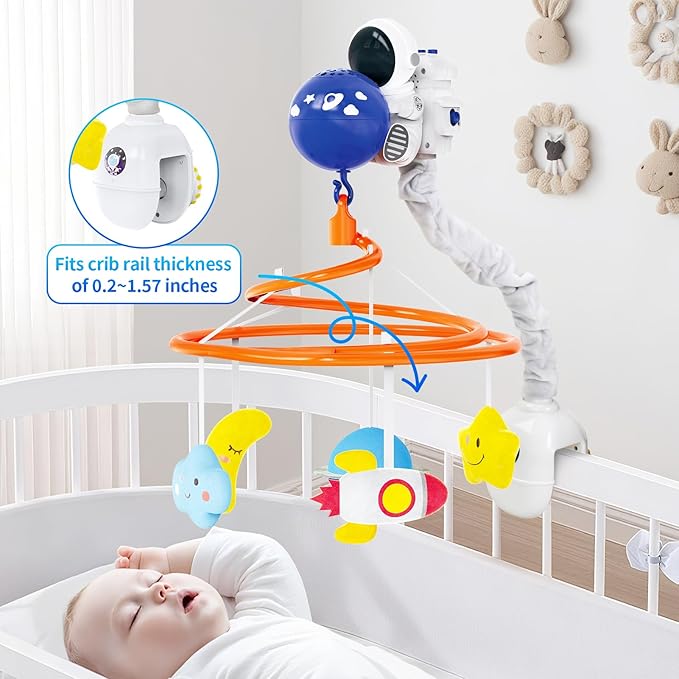 Baby Crib Mobile with Music Box, Remote Control, Rotating Space Theme Toys, Projection Light, White Noise, 0-12 Months