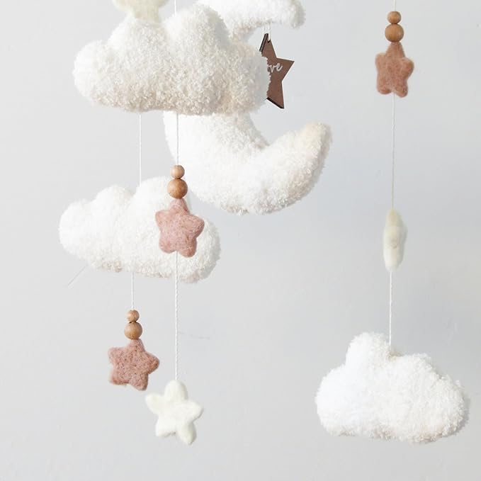 Cloud Crib Mobile for Girls & Boys, Boucle Cloud Baby Mobile for Crib Neutral Boho Nursery Mobile, Stars and Moon