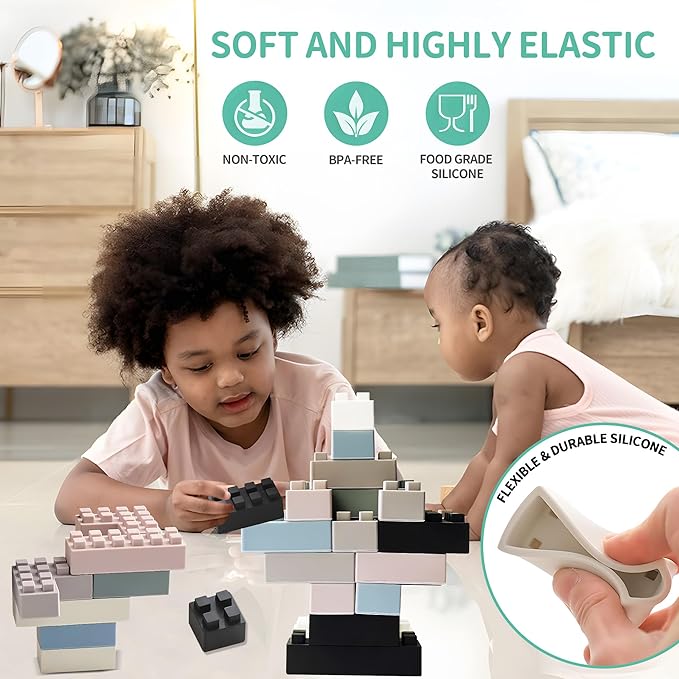 Silicone Blocks for Toddlers 1-3, Montessori Educational Toy Soft Baby Blocks, Large Sensory Stacking Toys for Preschool Learning Creative Play, 24PCS