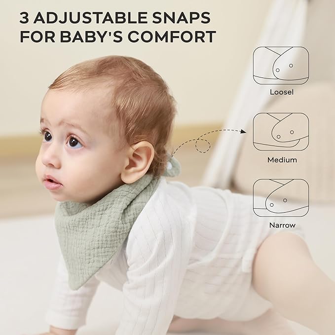 JELLYMONI 10 Pack Muslin Drool Bibs for Babies - Soft Adjustable Bandana Bib with Snaps, Absorbent Unisex Teething Bib for Newborn Girls & Boys