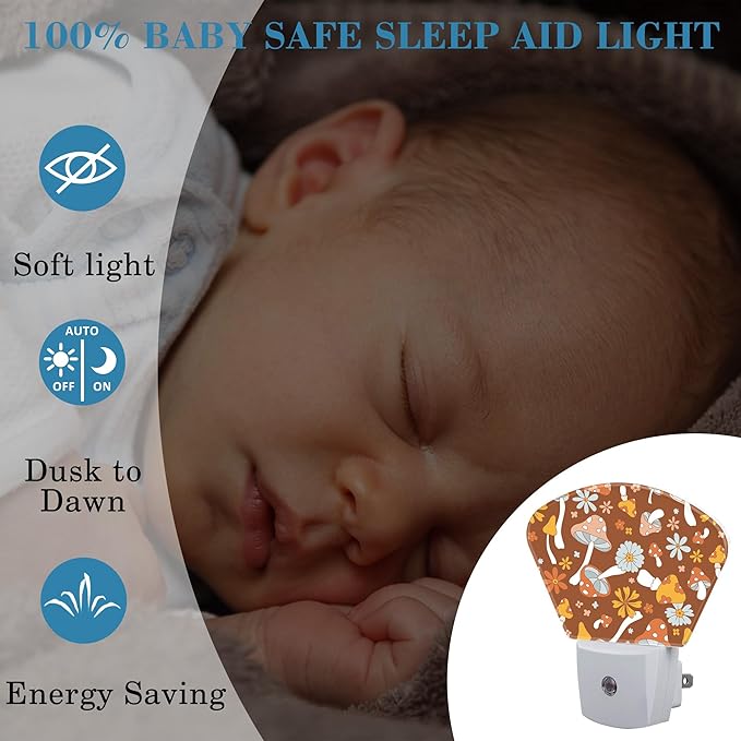 Vintage Mushrooms Night Light Plug into Wall, Boho Flowers Night Light with Dusk to Dawn Sensor for Kid Girls Boys Women Men Bedroom, Hallway, Kitchen, Bathroom, Stairs Decor