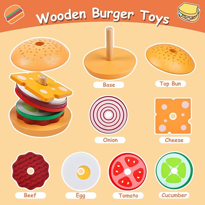 Wooden Burger Stacking Toys Montessori Toys For Toddlers Preschool Education Activity Board Game Early-Education Matching Speed Race Pretend Toy Food Back To School (Burger)